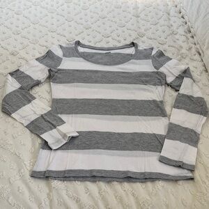 Gray and White Stipe Long Sleeve T Shirt
